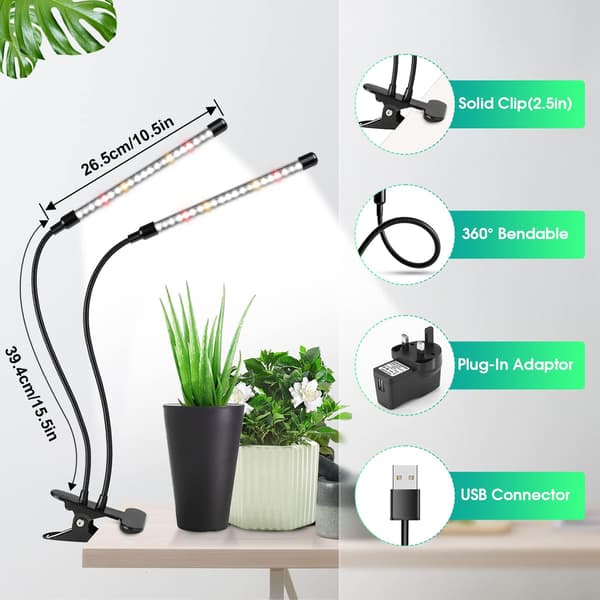 2-pack Plant Light for Indoor Use, 2-Head Plant Lamp with Clip, Automatic On & Off 3/9/12H Timer for Plant Growth