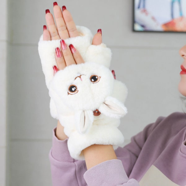 Women Girl Winter Fur Rabbit Mittens Fingerless Gloves Plush Warm Thick Gloves