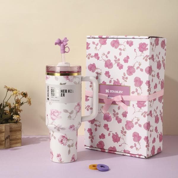 Högkvalitativ blommig presentförpackning ismugg 40oz bilmugg stor kapacitet vakuum bärbar sugrörsmugg ismugg Presentförpackning vit pollen
