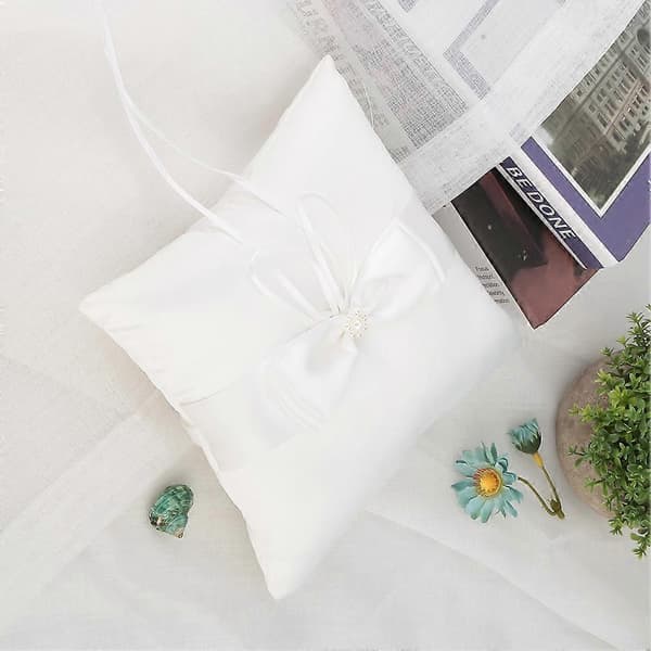 Vit satin rosett ringbärare kudde hållare bröllopsring kudde med simuleringspärla 15*15cm