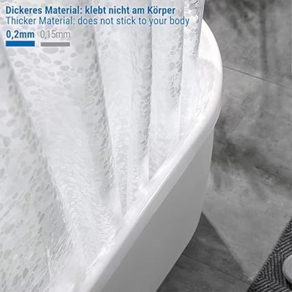 Bruseforhæng Vandtæt Skimmelresistent 180*180 Plast Gennemsigtig Bruseforhæng 100% EVA Badeforhæng 3D Brosten 180 x 200cm med 12 Kroge Ringe