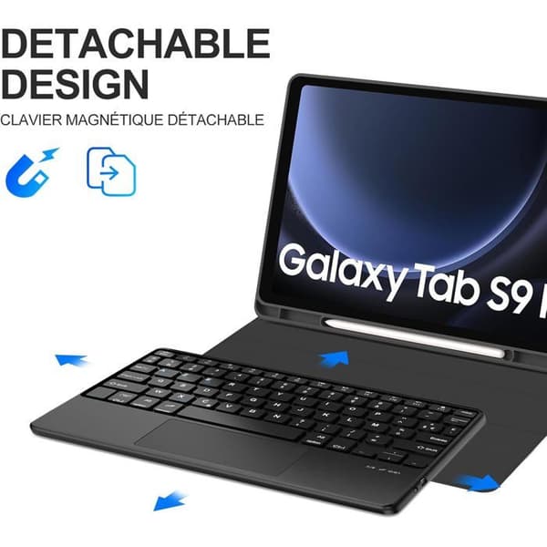 French Keyboard for Samsung Galaxy Tab S10 Lite/S10 FE 10.9'/ S9 FE 10.9'/S9 11', Detachable Keyboard Case with Touchpad, Black
