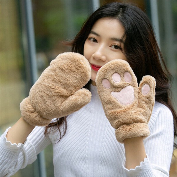 Cute Cat Paw Gloves Warm Winter Gloves Soft Thick Plush Mittens for Women Girls