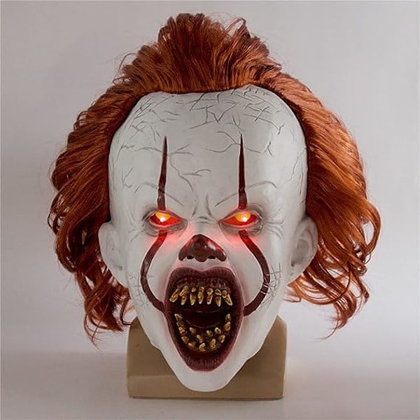 Läskig clownmask för Pennywise It Cosplay, LED-upplyst skräckmask med hår, Halloween latex vuxen