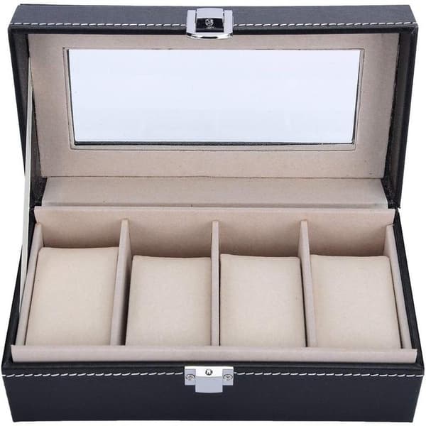 Watchbox Klockbox til 4 ure sort med hvid syning og vindue