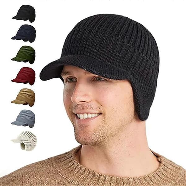 Mysig mössa för män Elastisk varm öronvärmare stickad mössa med brätte, mjuka luddiga stickade mössor i ull Grey