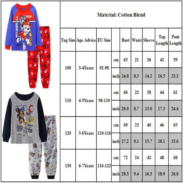 PAW Patrol Pyjamas Set Barn Långärmade Byxor Set Sovkläder Blå grey 120cm