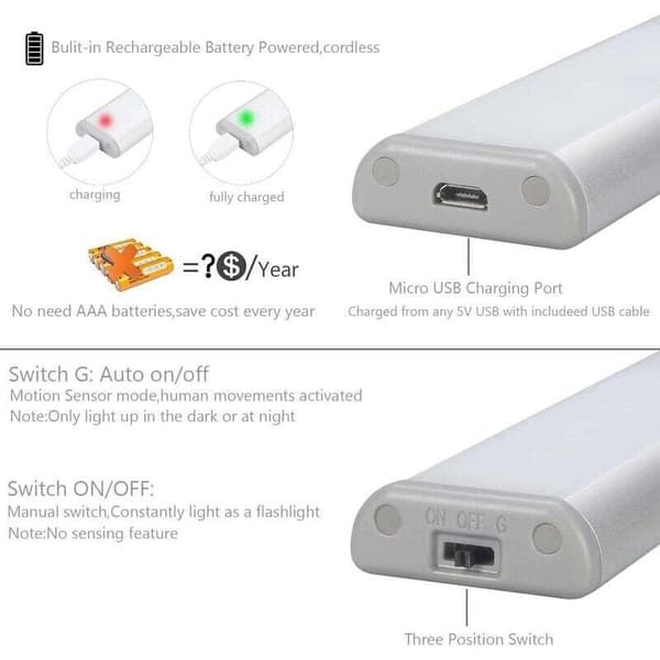 Sett med 3 10 LED-lamper, trådløse, USB-oppladbare, magnetiserte, bevegelsessensor, 2 lysmoduser, bærbare. Skapbelysning, bærbar nødbelysning