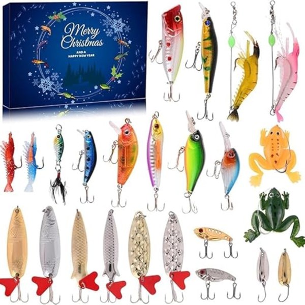 Fiske Adventskalender 2024 - Fiskebeten Set, Fiskeutstyr for Voksne Menn Gutter, Fisketilbehør (24 stk)