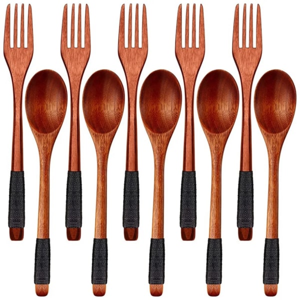 Wooden Spoons Forks Set Japanese Style Wooden Utensils Set for Eating Wood Flatware Set Reusable (Black Cords 10 Pieces)
