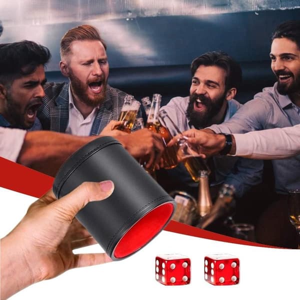 Terningkop i læder, lydisoleret læderterning med 5 røde terninger - Perfekt