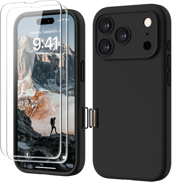 3-in-1 for iPhone 17 Pro Case Premium Liquid Silicone, with 2X HD Screen Protectors, Black