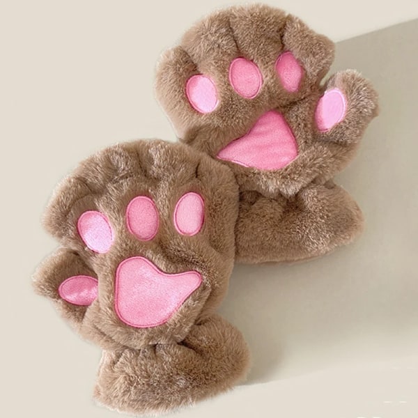 Girls Cute Cat Paw Fluffy Claw Fingerless Gloves Warm Soft Plush Fingerless Panda Glove Half Finger Winter Christmas Gifts