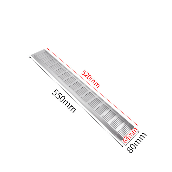 Set med 2 rektangulära ventilationsgaller i aluminiumlegering för skåp, skoskåp, 80 x 550 mm
