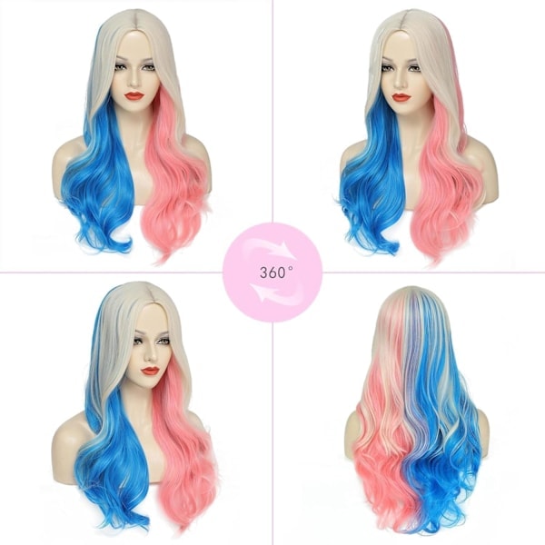 Shengruili Harley Quinn Peruk Dam Lång Cosplay Peruk Skurk Quinn Peruk Cosplay Peruk Blond Blå Rosa Karneval Halloween Karnevalsfester