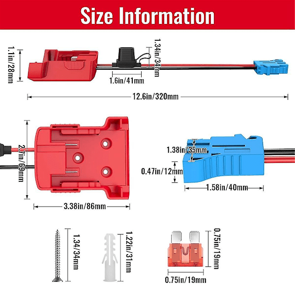 Power Wheels Adapter for Batteri med Ledningsnettkontakt 12AWG Tråd med 40A Sikring for Peg-Perego