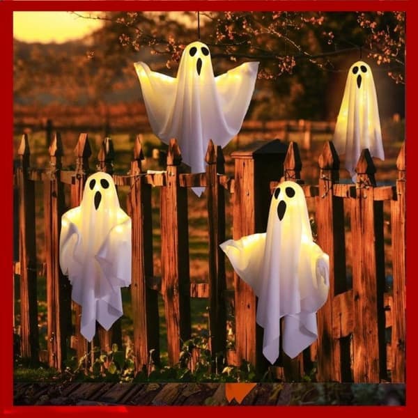 4-pack Halloween Ghost Decorations Halloween Hanging Ghosts with String Lights Battery Operated Halloween Decorations Scary Ghost Ornaments