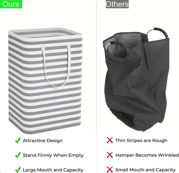 Large Laundry Basket - Freestanding Waterproof Laundry Hamper with Extended Handle - Foldable Tall Laundry Basket Stripe