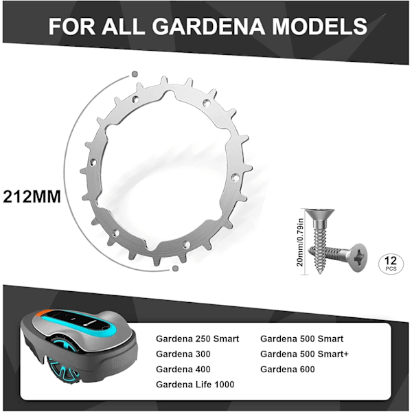 2 kpl ruostumattomasta teräksestä valmistettuja lohkoja Gardena Sileno City -robottiruohonleikkurille, reunat pyöristetyt ja kiillotetut, pyörän koko 212 mm, 12 teräskruuvia, parannettu pito