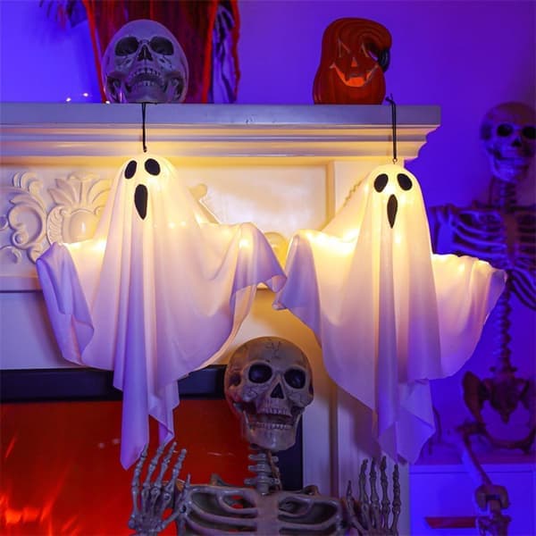 4-pack Halloween Ghost Decorations Halloween Hanging Ghosts with String Lights Battery Operated Halloween Decorations Scary Ghost Ornaments