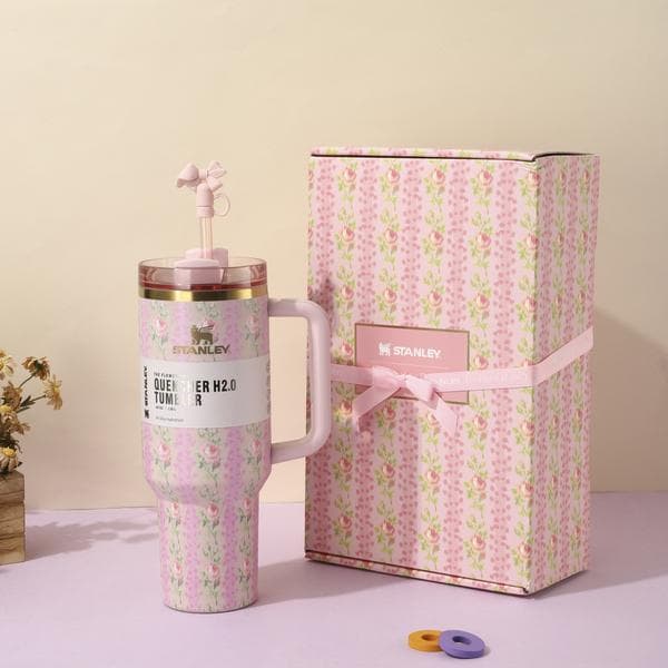 Högkvalitativ blommig presentförpackning ismugg 40oz bilmugg stor kapacitet vakuum bärbar sugrörsmugg ismugg Presentförpackning blomsterpulver