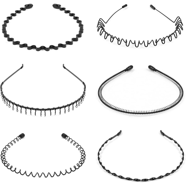 Metalldiadem Unisex, 6 stk. Bølgede Diademer i Multi-Stil, Pannbånd Tilbehør, Kvinder og Mænd, Skridsikker Elastiske Diademer, Hårsmykker til Udendørs Sport Yoga