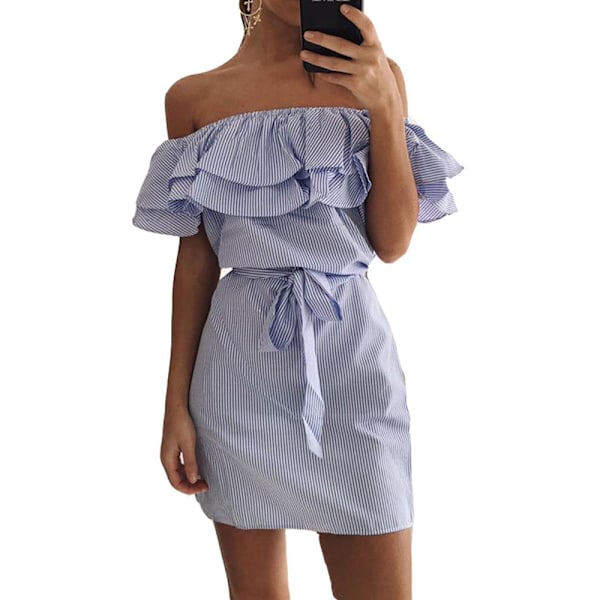 2023 Kvinder Off Shoulder Fest Mini Kjole Casual Snørebånd Stropløs Stribet Ruffles Strand Kjole