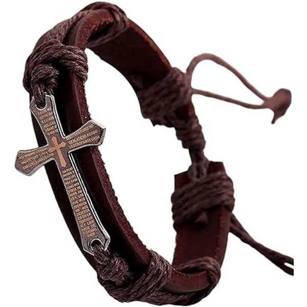 Mens Leather Bracelet Bible Text Cross Bracelet Adjustable Wristband Brithday Gift for Men and Boys(Brown)
