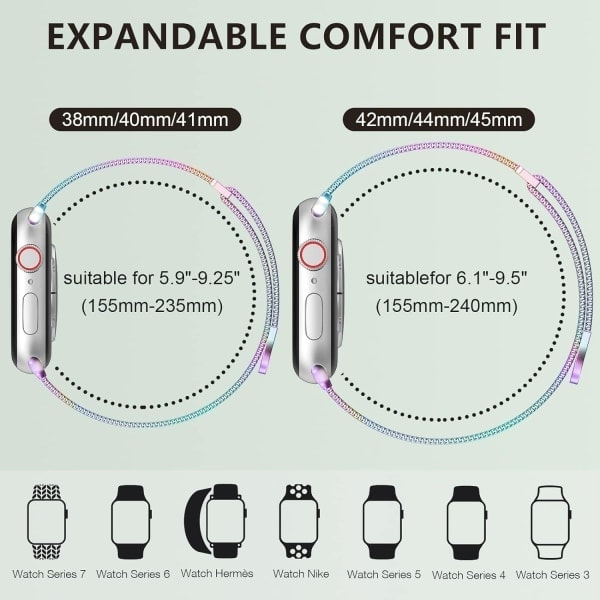 Rustfrit stål mesh loop magnetisk spænde erstatning for iWatch armbånd (41mm/40mm/38mm, Regnbue).