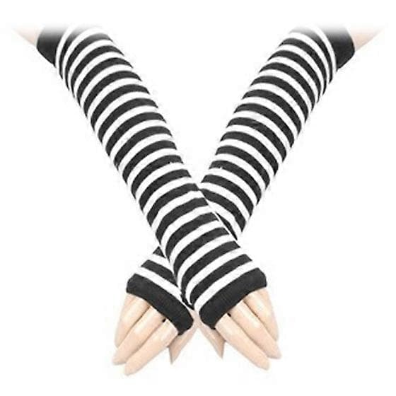 Par Hvide Sorte Striber Akryl Fingerløse Armvarmere Handsker til Kvinder Black  White