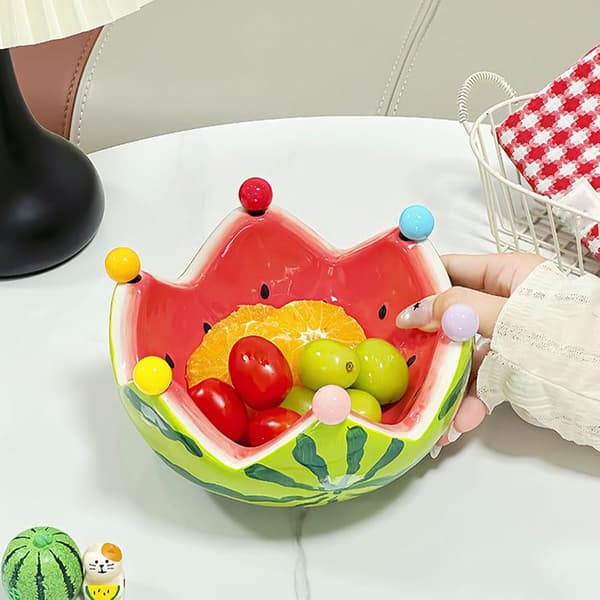 Watermelon Fruit Plate Set: Creative Ceramic with Fruit Forks - Large Bowl for Living Room Coffee Table, Cute Decoration Red