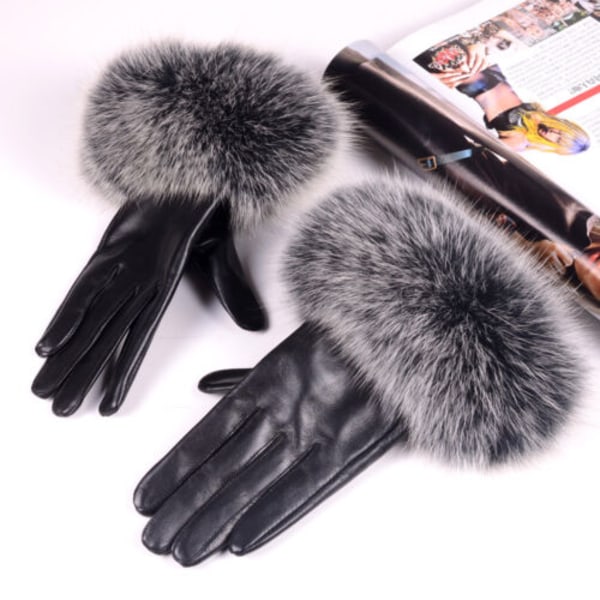 Women's 100% Real Fox Fur with Leather Winter Warm Touch Screen Lambskin gloves-