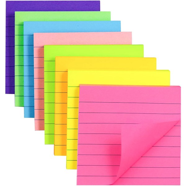 (8-pack) Linjerade självhäftande memolappar, 8 färger självhäftande lappar 7,6 x 7,6 cm
