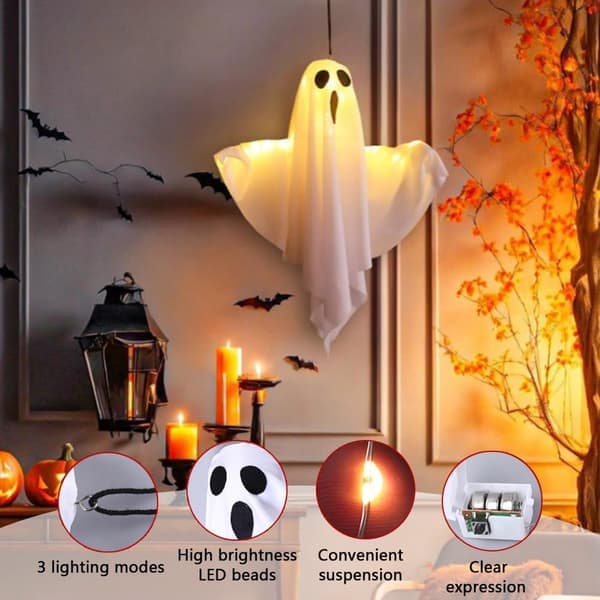 4-pack Halloween Ghost Decorations Halloween Hanging Ghosts with String Lights Battery Operated Halloween Decorations Scary Ghost Ornaments