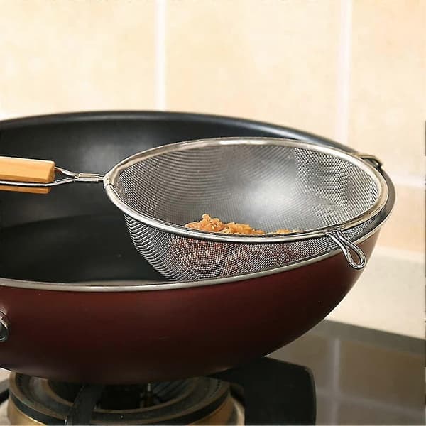 Sil i rustfritt stål, 22 cm diameter, rustfri, tåler oppvaskmaskin med trehåndtak for oppheng