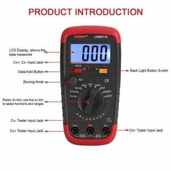 Professional Capacitance Meter, Digital Capacitor Tester 0.1pF - 20000uF with LCD Backlight and Protective Jacket Max 1999