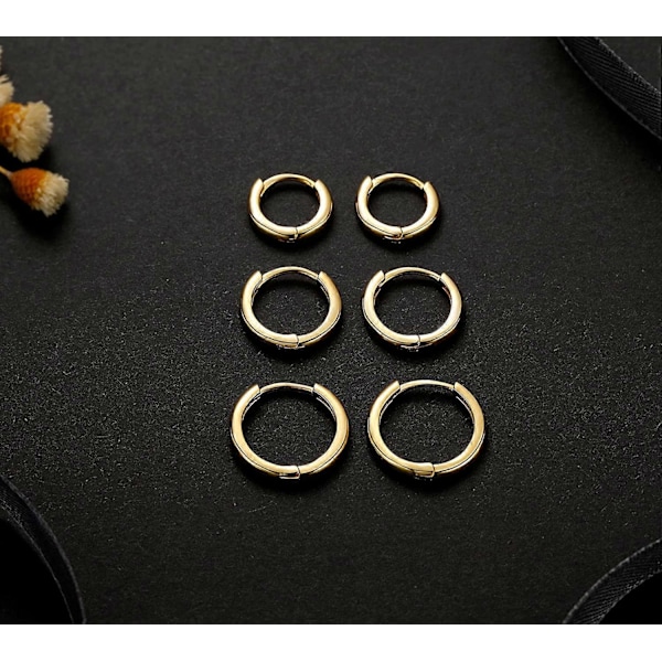 3 Paria Pieniä Rustokorvarenkaita Naisille Miehille, Hypoallergeeniset Sterling Hopea Tapit Huggie Korvakorut, 8/10/12mm Kulta-8/10/12mm -