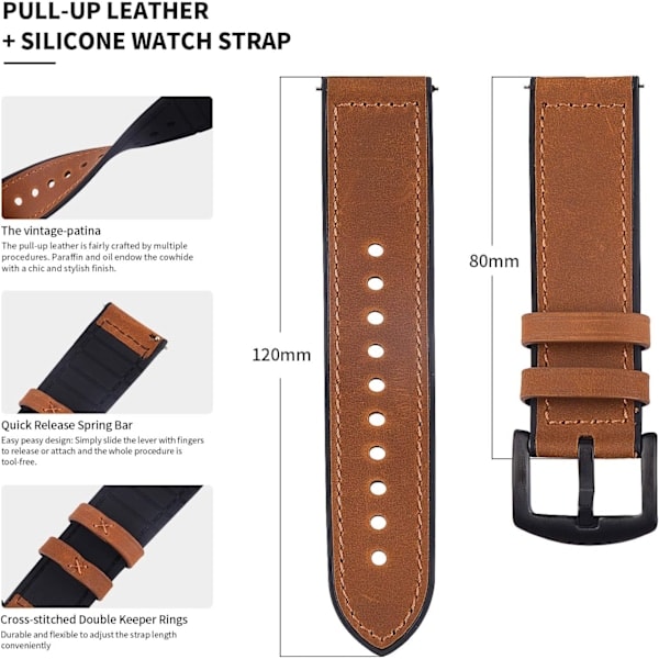 22mm Armbånd, Læder og Silikone Smartwatch Armbånd Comp