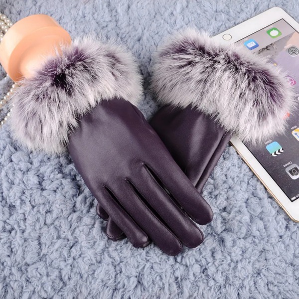 Lady Black Leather Gloves Autumn Winter Warm Rabbit Mittens