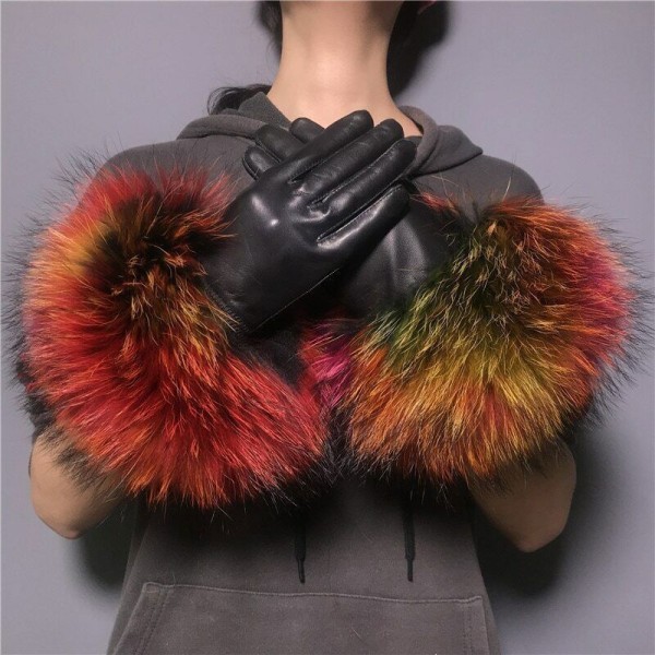 2023 leather gloves Winter women's warm artificial fur fashion