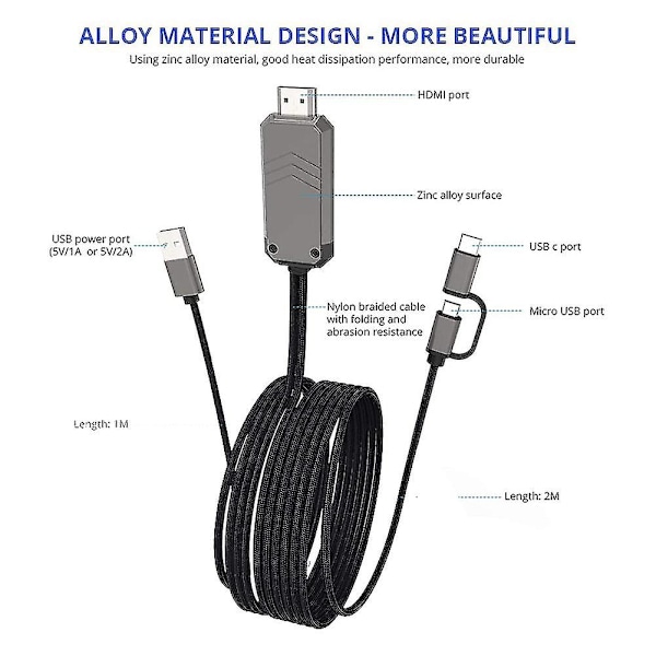 Puhelimen ja television välinen sovitinkaapeli, tyyppi C/-usb -yhteensopiva sovitin 1080p -yhteensopiva muunnin (haoyi