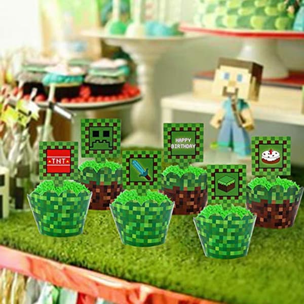 Minecraft-tema Cupcake-omslag Bursdagsfest Sett med 24 Vendbare