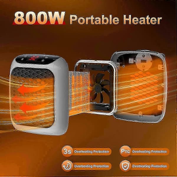 Portable 800W Ceramic Heater with Remote Control, Timer, LED Display & 2 Heat Settings