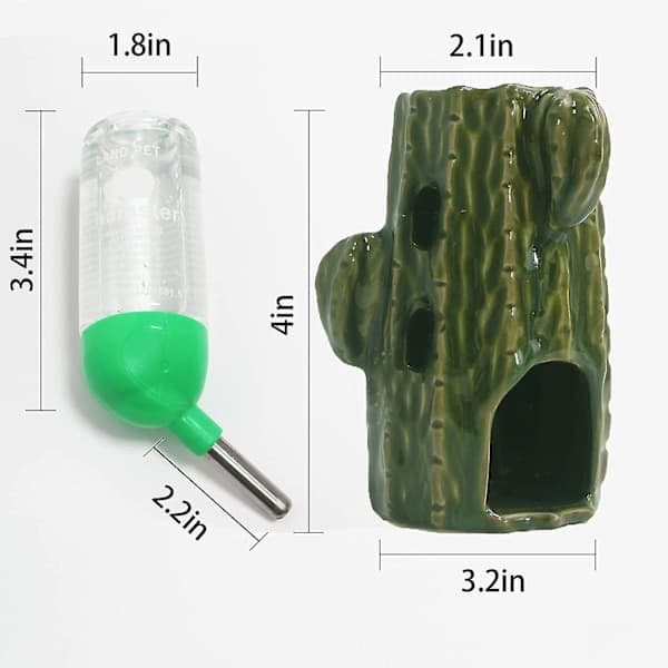 2-in-1 Adjustable Hamster Water Bottle, 80ml Gerbil Water Bottle with Stand, Drip-Proof Chew-Resistant Ceramic Water Bottle Holder (Dark Green)