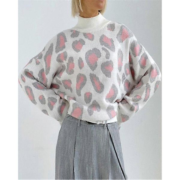 Halvhøj hals leopardprint pullover jumper efterår og vinter langærmet temperament uldne toppe kvinde L