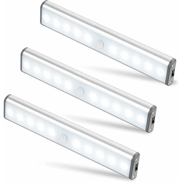 Sett med 3 10 LED-lamper, trådløse, USB-oppladbare, magnetiserte, bevegelsessensor, 2 lysmoduser, bærbare. Skapbelysning, bærbar nødbelysning