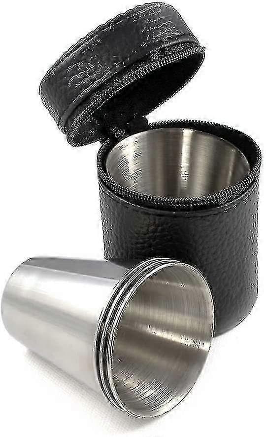 Set med 4 snapsglas 70 ml stora snapsglas i rostfritt stål i läderfodral