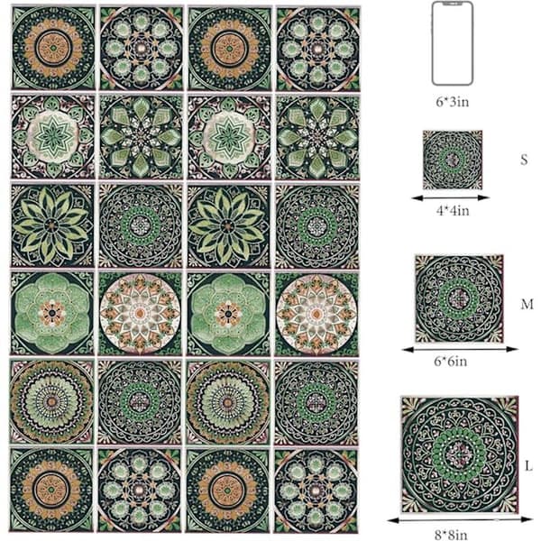 24 pcs Tile Decals 10x10 cm Mandala Style Tile Stickers Peel and Stick Tile Decor Removable Self-Adhesive Square Wall Decals, Tile Wallpaper