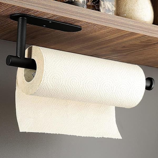 Wall-mounted paper towel holder, easy installation matte black SUS304 stainless steel adhesive shelf for kitchen, space-saving and rust-proof design