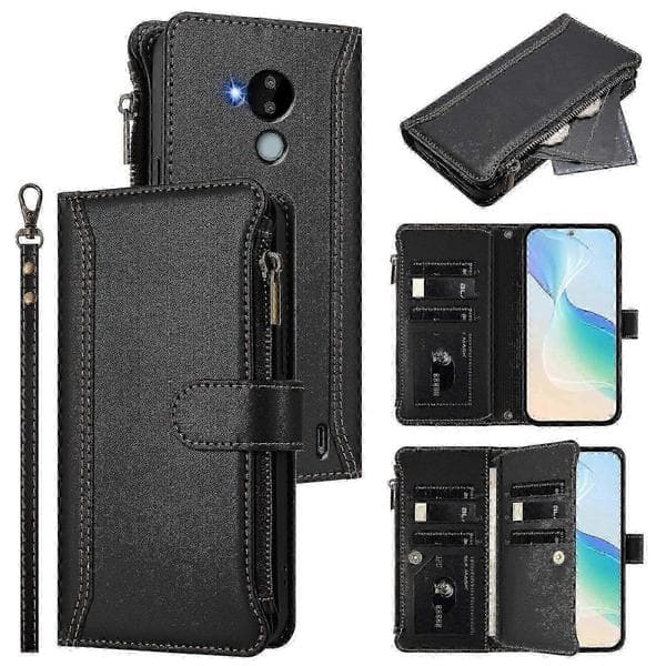 Magnetisk Läderplånboksfodral med 9 Kortfack & Blixtlåsficka - Säker Förvaring med Handrem For Nokia C30